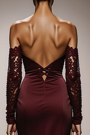 Burgundy Satin Off the Shoulder Mermaid Long Formal Dress with Lace