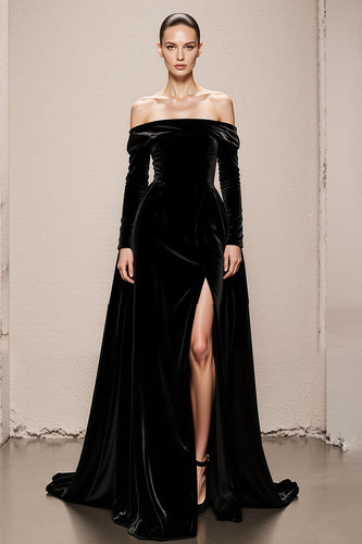 Black A Line Off the Shoulder Velvet Maxi Holiday Party Dress with Slit