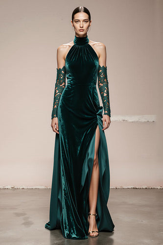 Dark Green Halter Velvet Maxi Holiday Party Dress with Slit