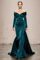 Load image into Gallery viewer, Peacock Green Satin Off the Shoulder Mermaid Long Sleeves Formal Dress