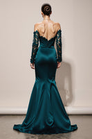 Load image into Gallery viewer, Peacock Green Mermaid Off the Shoulder Satin Maxi Formal Dress with Lace