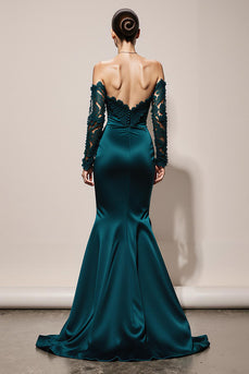 Peacock Green Mermaid Off the Shoulder Satin Maxi Formal Dress with Lace