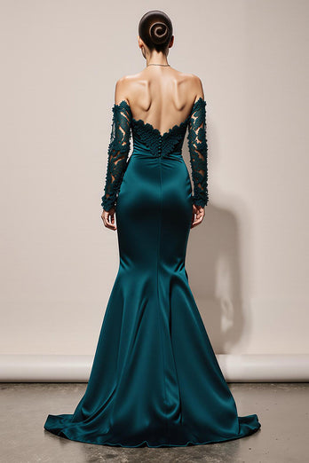 Peacock Green Mermaid Off the Shoulder Satin Maxi Formal Dress with Lace