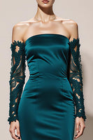Load image into Gallery viewer, Peacock Green Mermaid Off the Shoulder Satin Maxi Formal Dress with Lace