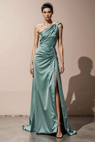 Mint Green Satin One Shoulder Sheath Long Formal Dress with Slit