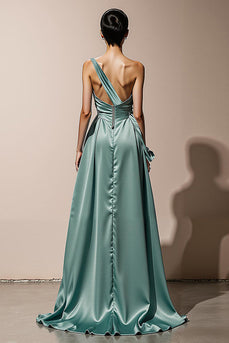 Mint Green Satin One Shoulder Sheath Long Formal Dress with Slit
