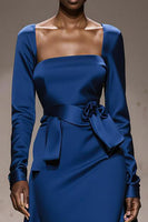 Load image into Gallery viewer, Royal Blue Square Neck Satin Long Sleeves Formal Dress with Sash