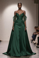 Load image into Gallery viewer, Dark Green Satin Off the Shoulder A Line Long Formal Dress with Lace