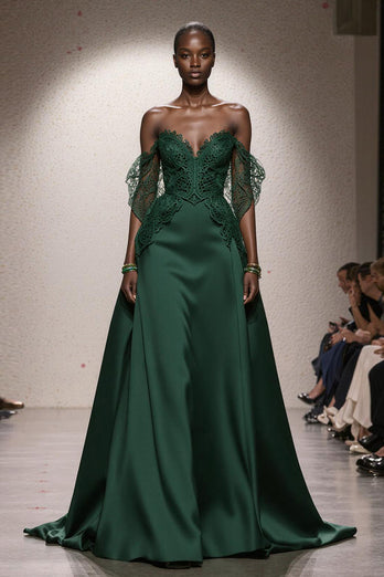 Dark Green Satin Off the Shoulder A Line Long Formal Dress with Lace