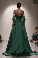 Load image into Gallery viewer, Dark Green Satin Off the Shoulder A Line Long Formal Dress with Lace
