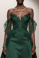 Load image into Gallery viewer, Dark Green Satin Off the Shoulder A Line Long Formal Dress with Lace
