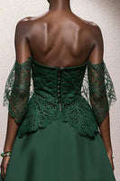 Load image into Gallery viewer, Dark Green Satin Off the Shoulder A Line Long Formal Dress with Lace