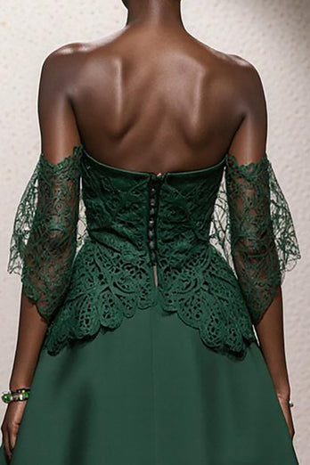 Dark Green Satin Off the Shoulder A Line Long Formal Dress with Lace