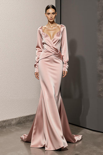 Light Pink Backless Mermaid Satin Long Sleeves Formal Dress