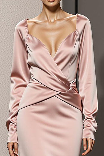 Light Pink Backless Mermaid Satin Long Sleeves Formal Dress