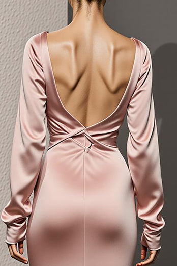 Light Pink Backless Mermaid Satin Long Sleeves Formal Dress