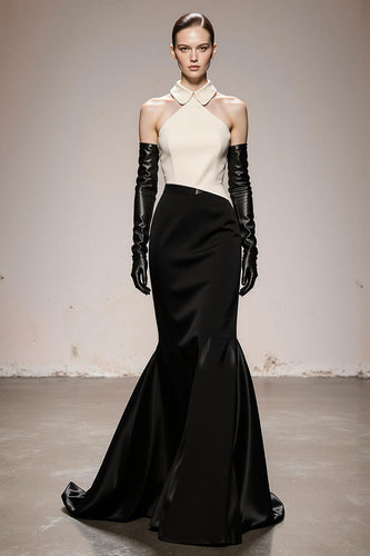 Black and White Mermaid Satin Halter Patchwork Long Formal Dress