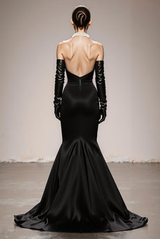 Black and White Mermaid Satin Halter Patchwork Long Formal Dress