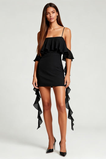 Black Cold Shoulder Bodycon Mini Cocktail Dress with Ruffles