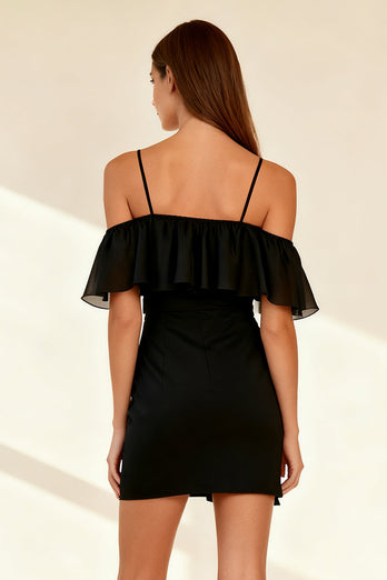 Black Ruffled Cold Shoulder Bodycon Short Cocktail Dress