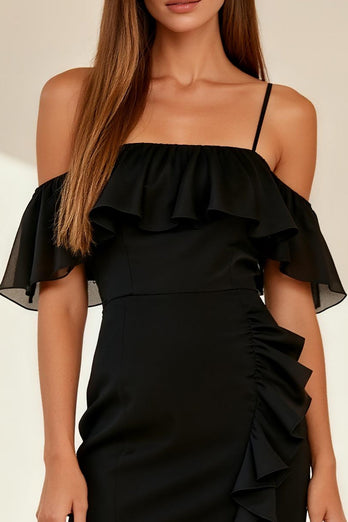 Black Ruffled Cold Shoulder Bodycon Short Cocktail Dress