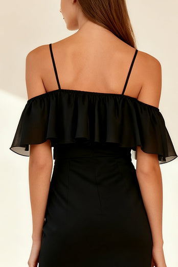 Black Ruffled Cold Shoulder Bodycon Short Cocktail Dress