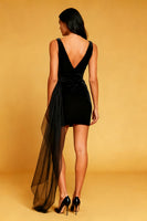 Load image into Gallery viewer, Black Bodycon Cowl Neck Velvet Short Cocktail Dress with Side Cape
