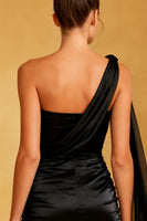 Load image into Gallery viewer, Black One Shoulder Satin Tight Short Cocktail Dress with Cape