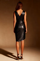 Load image into Gallery viewer, Black V-Neck Asymmetrical Glitter Tight Short Cocktail Dress