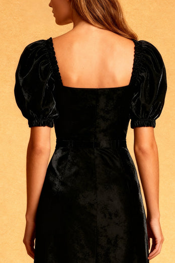 Black Velvet Square Neck Sheath Midi Cocktail Dress with Sleeves