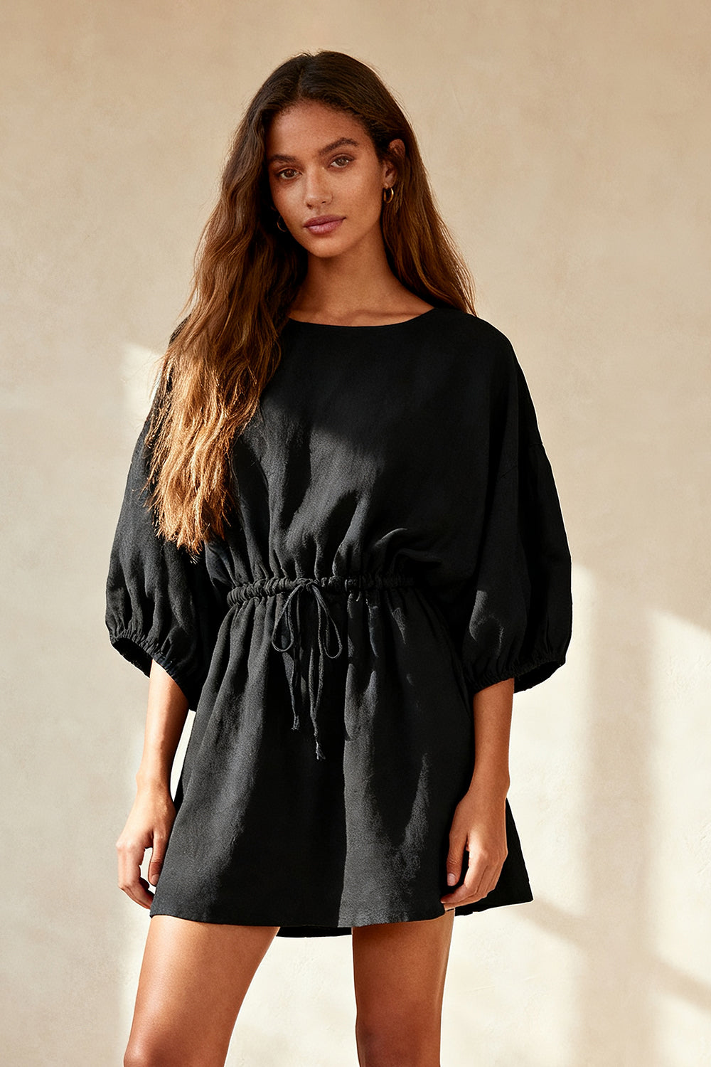 Black Ruched Round Neck Mini Work Dress with Sleeves