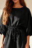 Load image into Gallery viewer, Black Ruched Round Neck Mini Work Dress with Sleeves