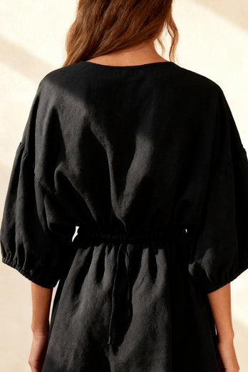 Black Ruched Round Neck Mini Work Dress with Sleeves
