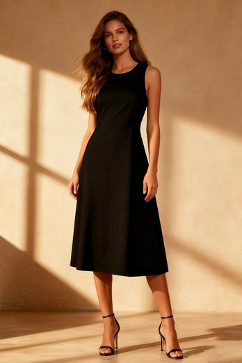Simple Black Round Neck Satin Bodycon Midi Cocktail Dress