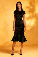 Load image into Gallery viewer, Black Mermaid Round Neck Satin Midi Cocktail Dress with Ruffles