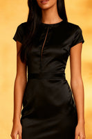 Load image into Gallery viewer, Black Mermaid Round Neck Satin Midi Cocktail Dress with Ruffles