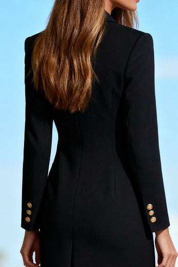 Black Double Breasted Midi Pencil Blazer Dress with Sleeves