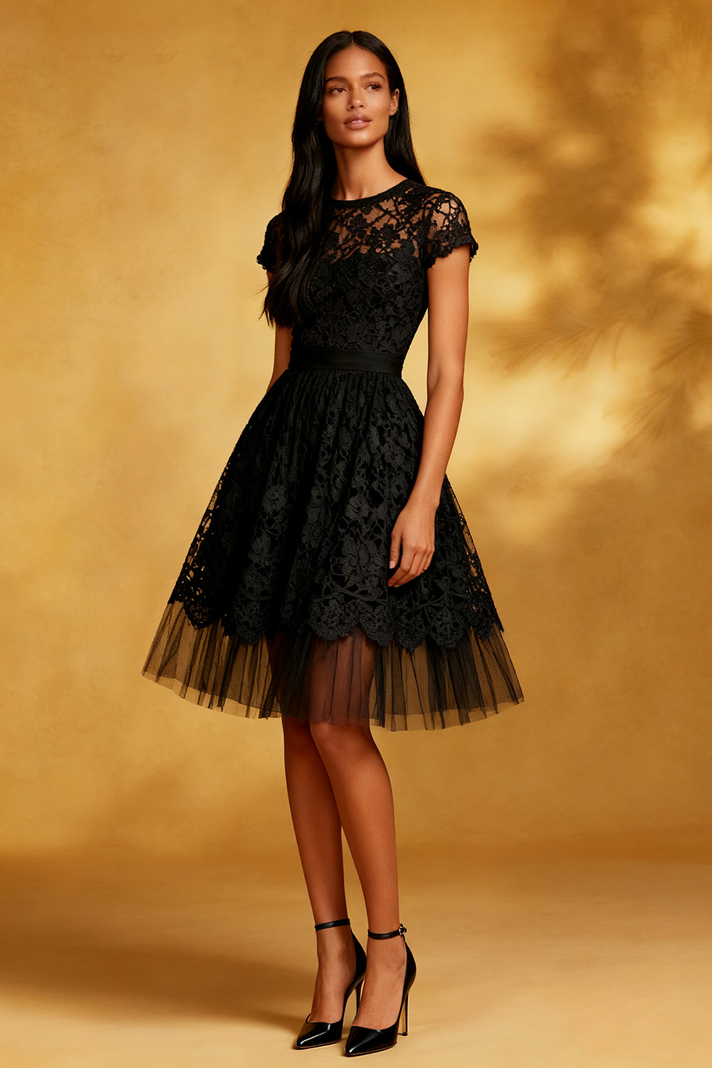 Black Backless A Line Lace Short Cocktail Dress with Sleeves