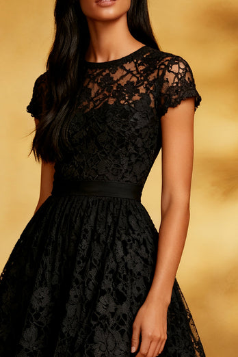 Black Backless A Line Lace Short Cocktail Dress with Sleeves