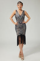 Load image into Gallery viewer, Sparkly Black Apricot Beaded Bodycon Sequins Flapper Dress with Fringes