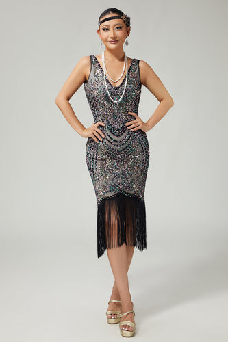 Sparkly Black Apricot Beaded Bodycon Sequins Flapper Dress with Fringes