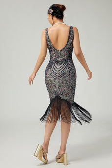 Sparkly Black Apricot Beaded Bodycon Sequins Flapper Dress with Fringes