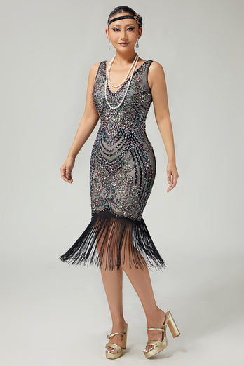 Sparkly Black Apricot Beaded Bodycon Sequins Flapper Dress with Fringes
