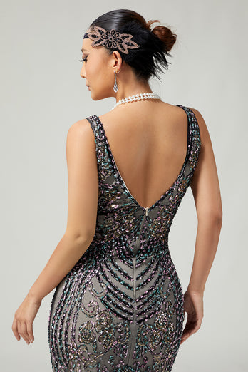 Sparkly Black Apricot Beaded Bodycon Sequins Flapper Dress with Fringes