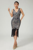 Load image into Gallery viewer, Sparkly Black Apricot Beaded Bodycon Sequins Flapper Dress with Fringes