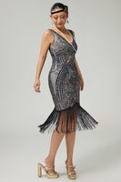 Load image into Gallery viewer, Sparkly Black Apricot Beaded Bodycon Sequins Flapper Dress with Fringes