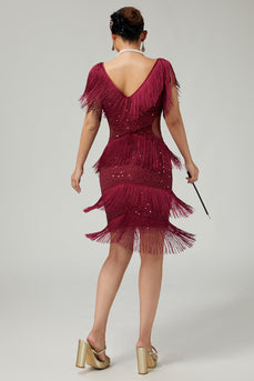 Sparkly Burgundy Bodycon Sequins Flapper Dress with Fringes