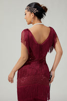 Load image into Gallery viewer, Sparkly Burgundy Bodycon Sequins Flapper Dress with Fringes