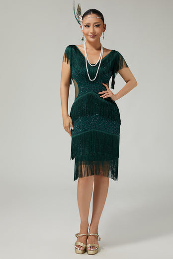 Sparkly Burgundy Bodycon Sequins Flapper Dress with Fringes