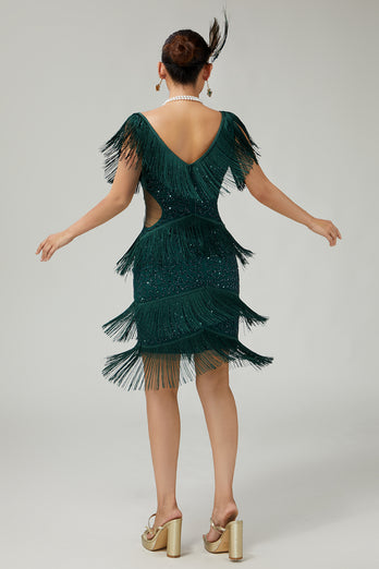 Sparkly Burgundy Bodycon Sequins Flapper Dress with Fringes